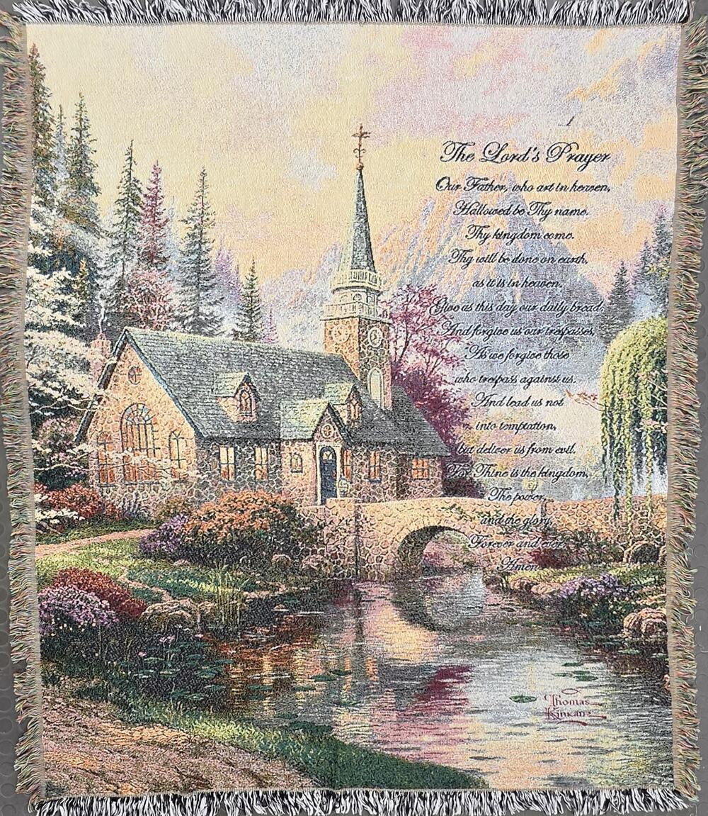 Thomas Kinkade 2006 Lord’s Prayer Tapestry Throw 60x51 Vintage Chapel Scene